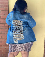 Leopard Print Ripped Denim Jacket