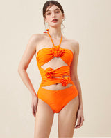 Halter Cutout One Piece Swimsuit and Sarong