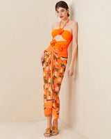 Halter Cutout One Piece Swimsuit and Sarong