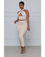 All For U Halter Top Ruched Skirt Set