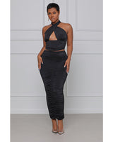 All For U Halter Top Ruched Skirt Set
