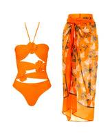 Halter Cutout One Piece Swimsuit and Sarong